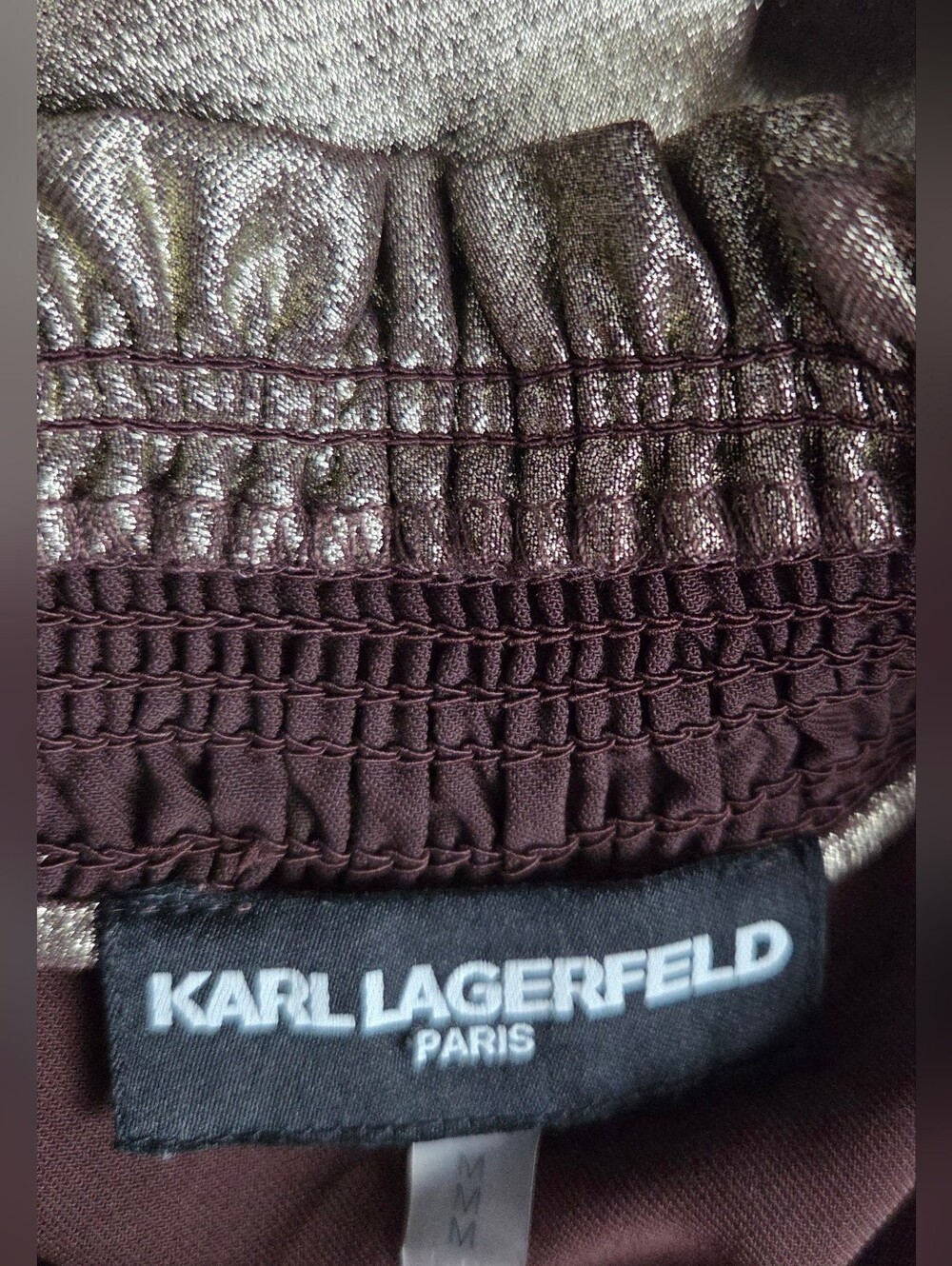 Karl Lagerfeld Paris Metallic Gold Smocked High-Neck Blouse Size M - Picture 11 of 12